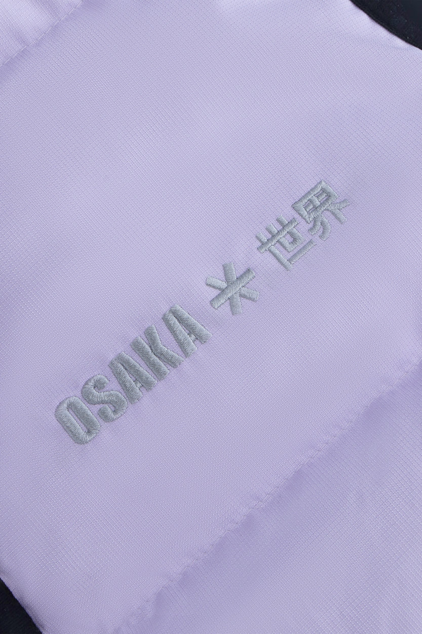 Osaka women padded gilet in purple with grey logo. Front flatlay detail logoview