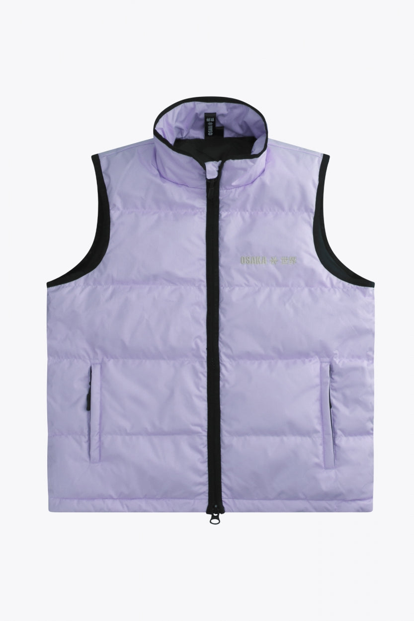 Osaka women padded gilet in purple with grey logo. Front flatlay view