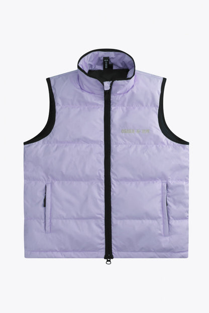 Osaka women padded gilet in purple with grey logo. Front flatlay view
