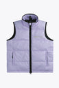 Osaka women padded gilet in purple with grey logo. Front flatlay view