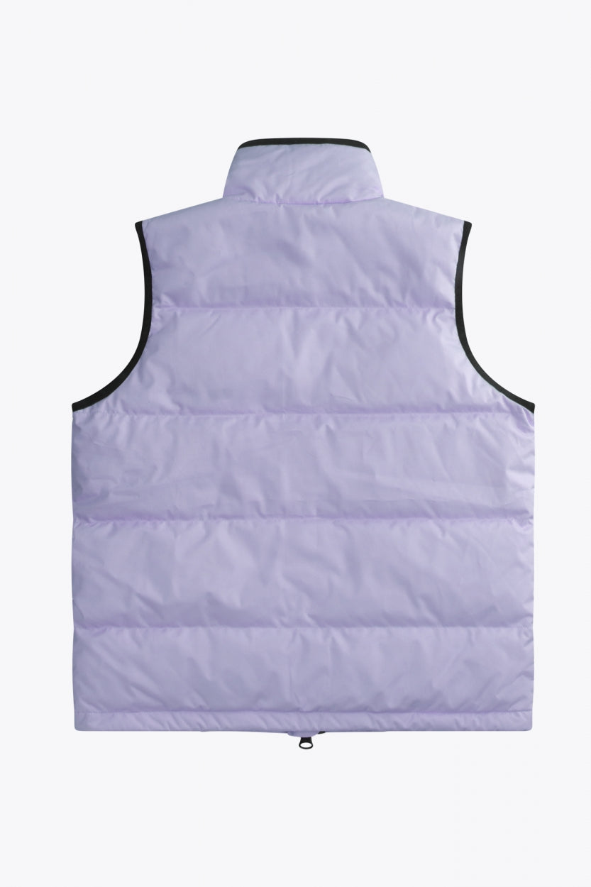 Osaka women padded gilet in purple with grey logo. Back flatlay view