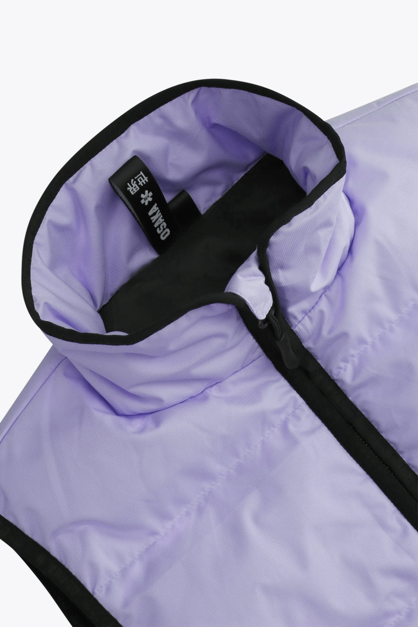 Osaka women padded gilet in purple with grey logo. Front flatlay detail neck view