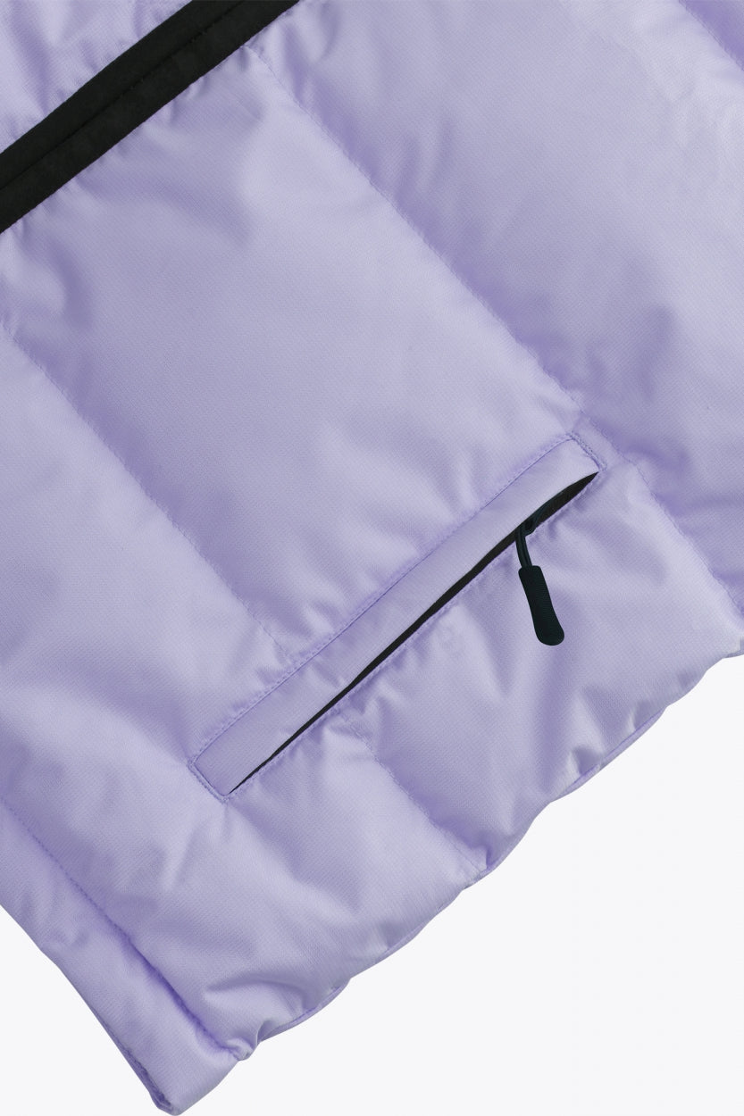 Osaka women padded gilet in purple with grey logo. Front flatlay detail pocket view