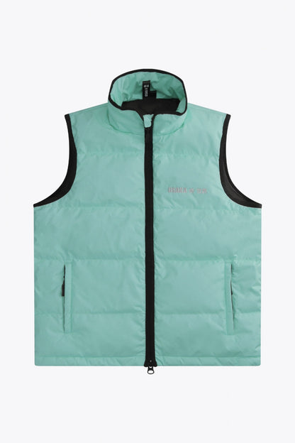 Osaka women padded gilet in green with grey logo. Front flatlay view
