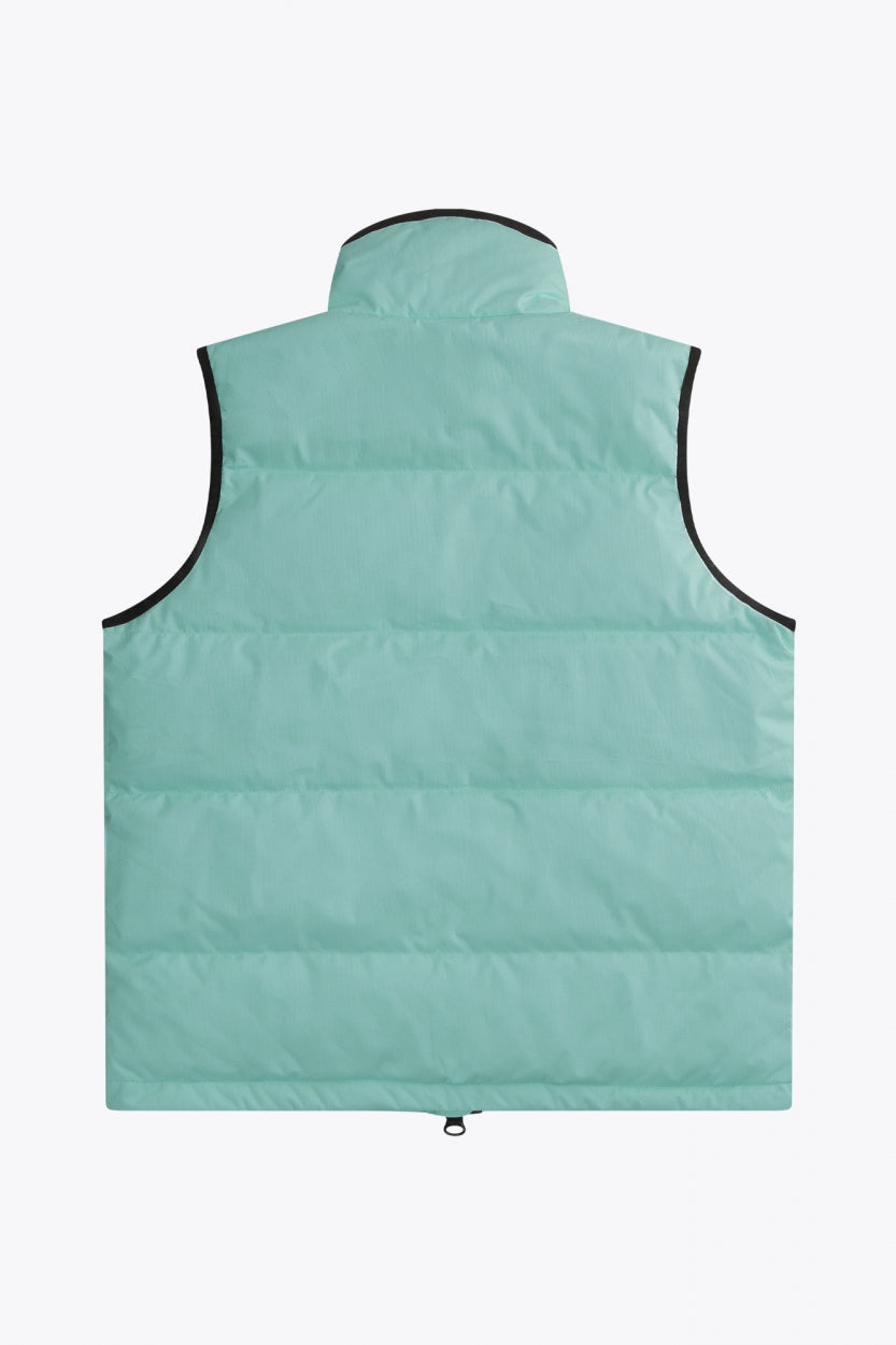 Osaka women padded gilet in green with grey logo. Back flatlay view