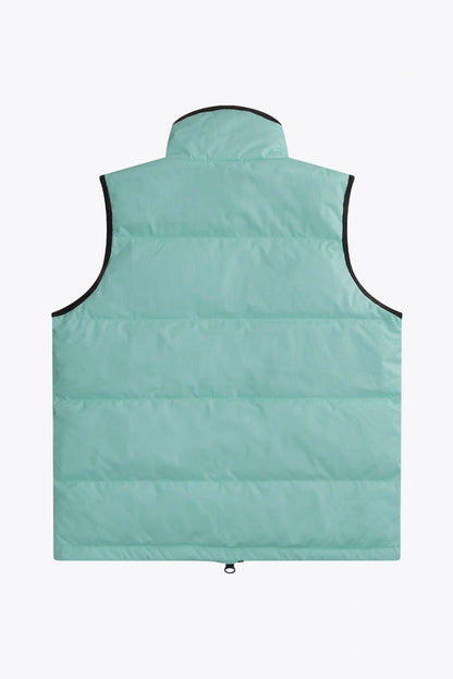Osaka women padded gilet in green with grey logo. Back flatlay view