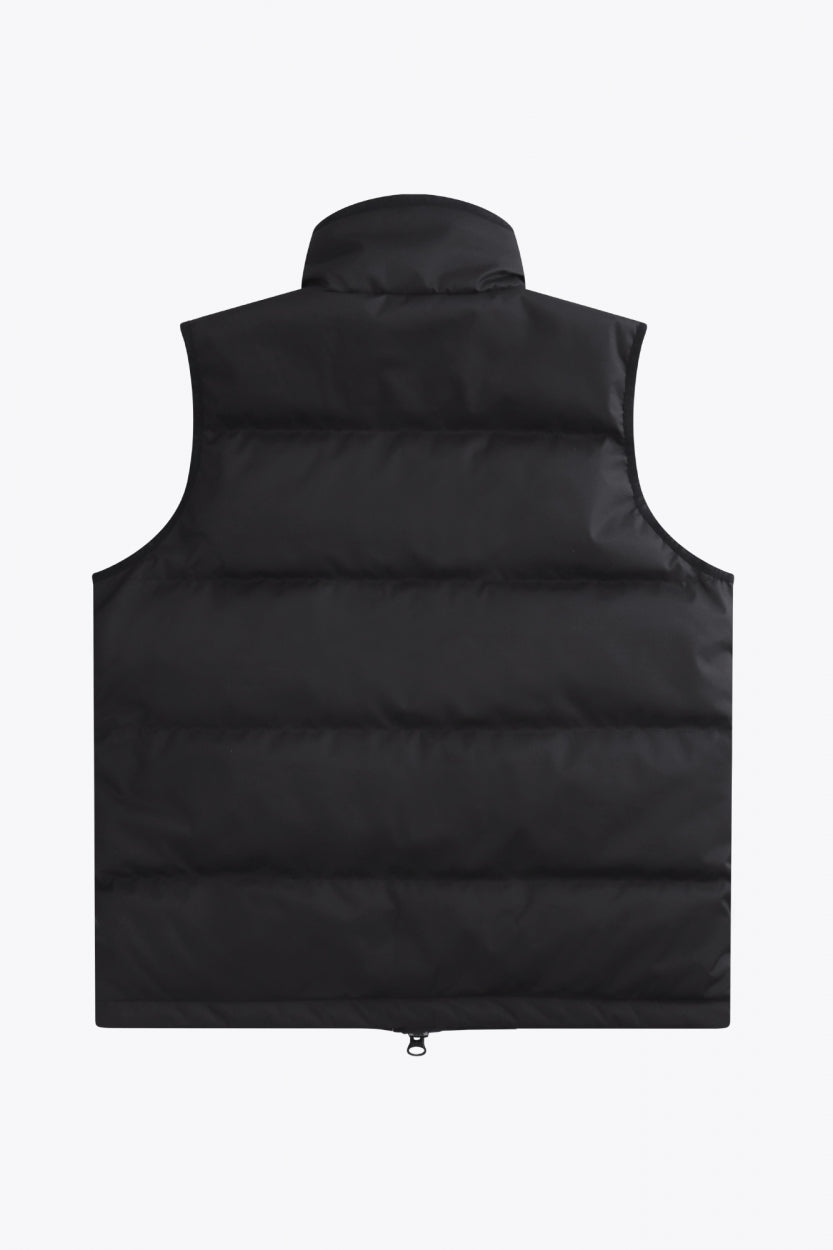 Osaka women padded gilet in black with white logo. Back flatlay view