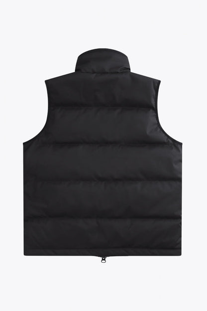 Osaka women padded gilet in black with white logo. Back flatlay view