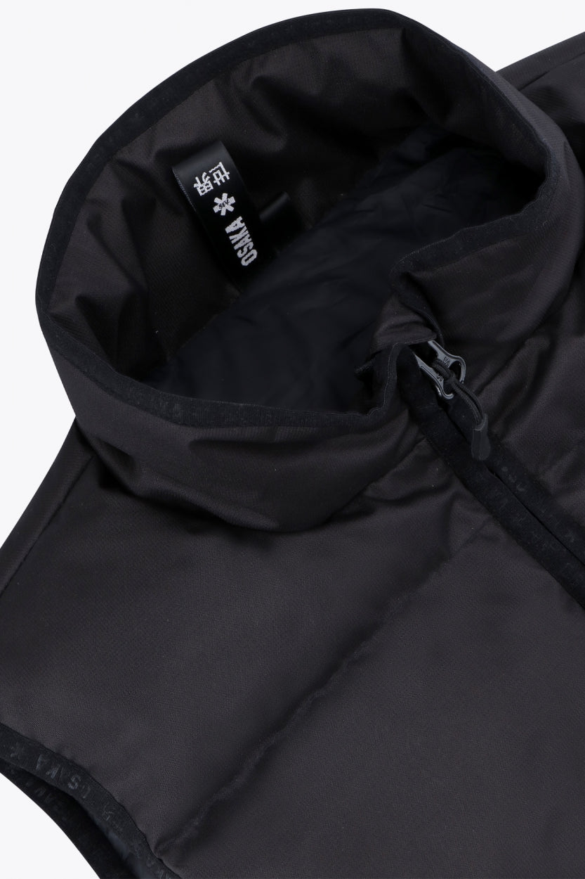 Osaka women padded gilet in black with white logo. Front flatlay detail neck view