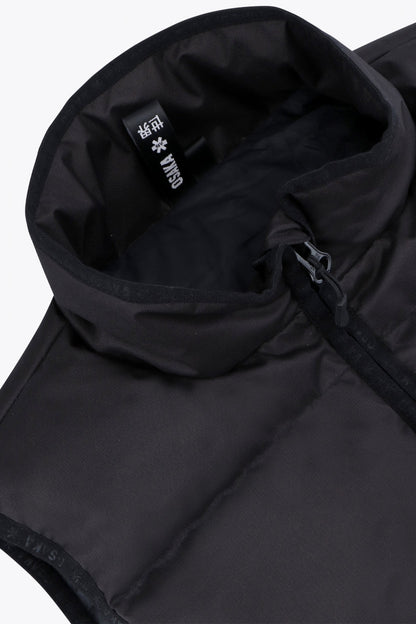 Osaka women padded gilet in black with white logo. Front flatlay detail neck view
