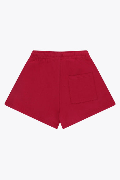 Osaka women shorts in red with logo in white. Back flatlay view
