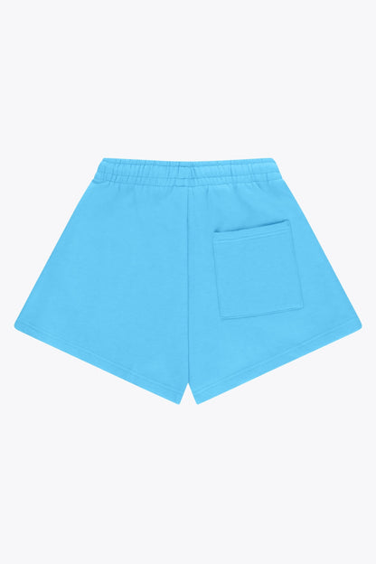 Osaka women shorts in light blue with logo in white. Back flatlay view