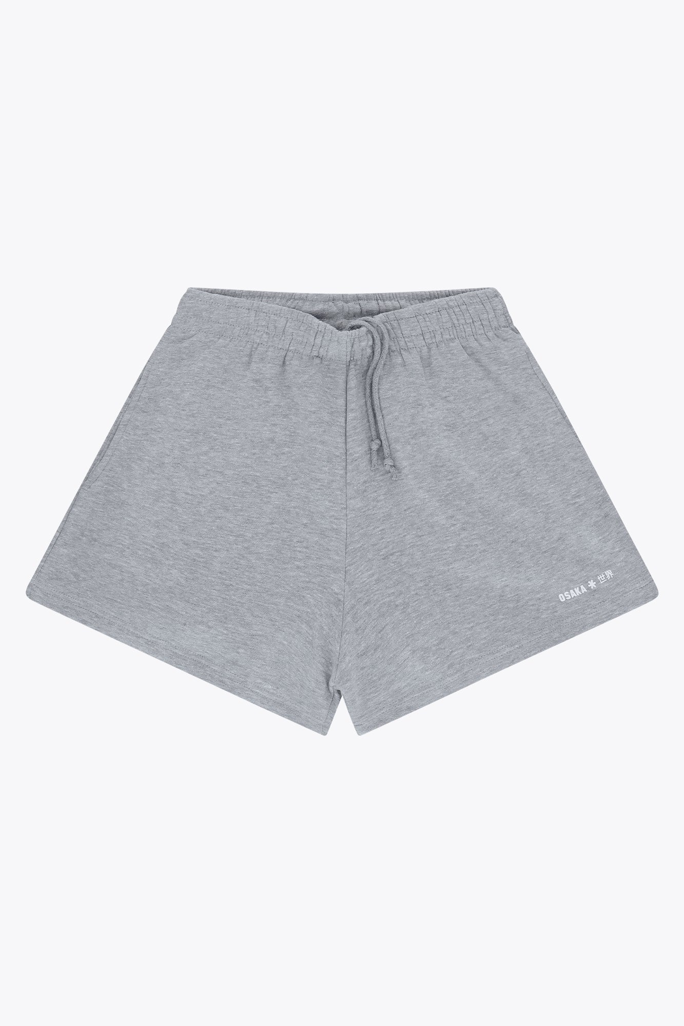 Osaka women shorts in heather grey with logo in white. Front flatlay view