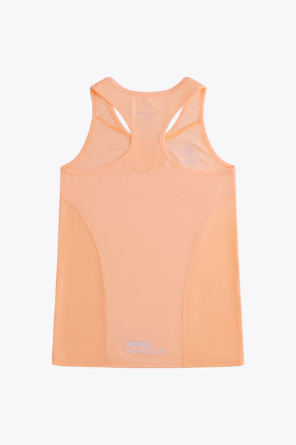 Osaka women singlet in peach with logo in grey. Back flatlay view