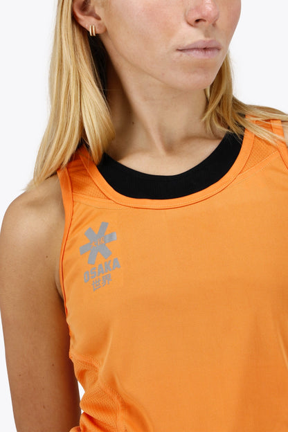 Osaka women singlet in orange with logo in grey. Front detail neck view