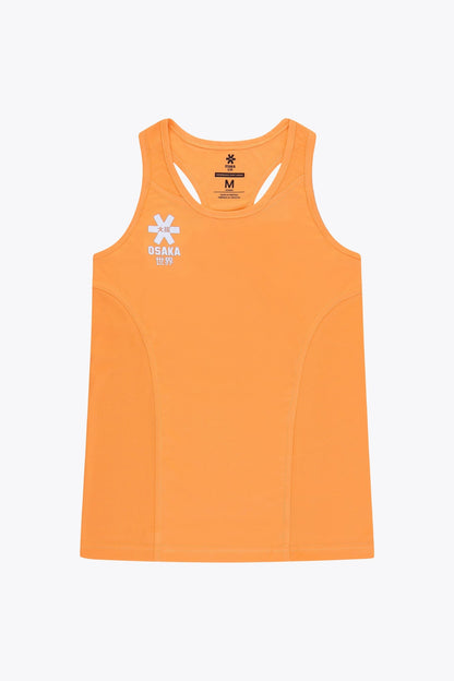 Osaka women singlet in orange with logo in grey. Front flatlay view