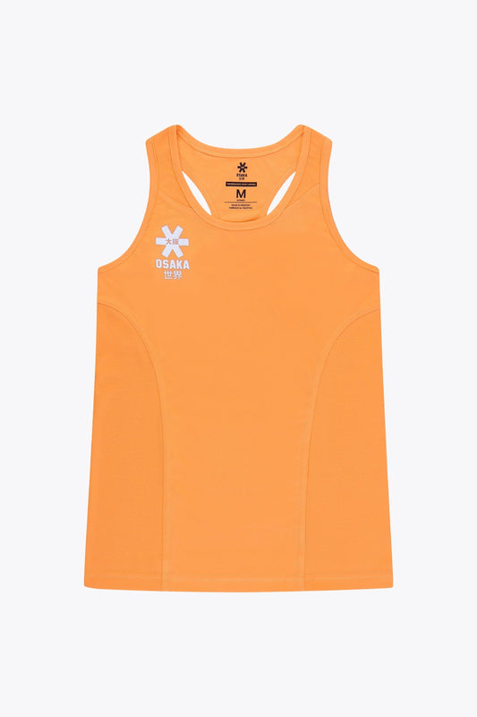 Osaka women singlet in orange with logo in grey. Front flatlay view