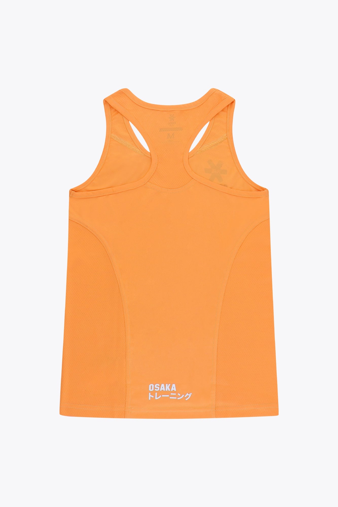 Osaka women singlet in orange with logo in grey. Back flatlay view