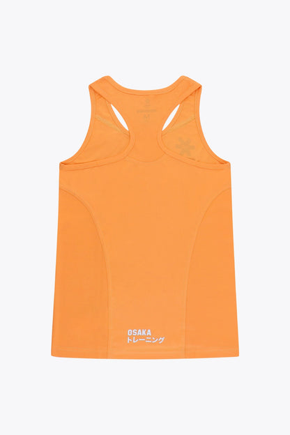 Osaka women singlet in orange with logo in grey. Back flatlay view