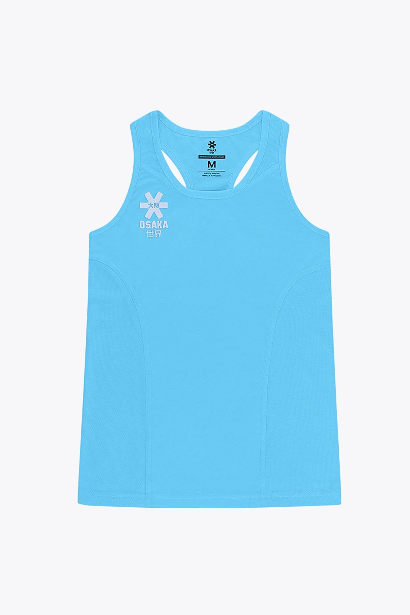 Osaka women singlet in light blue with logo in grey. Front flatlay view