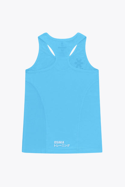 Osaka women singlet in light blue with logo in grey. Back flatlay view