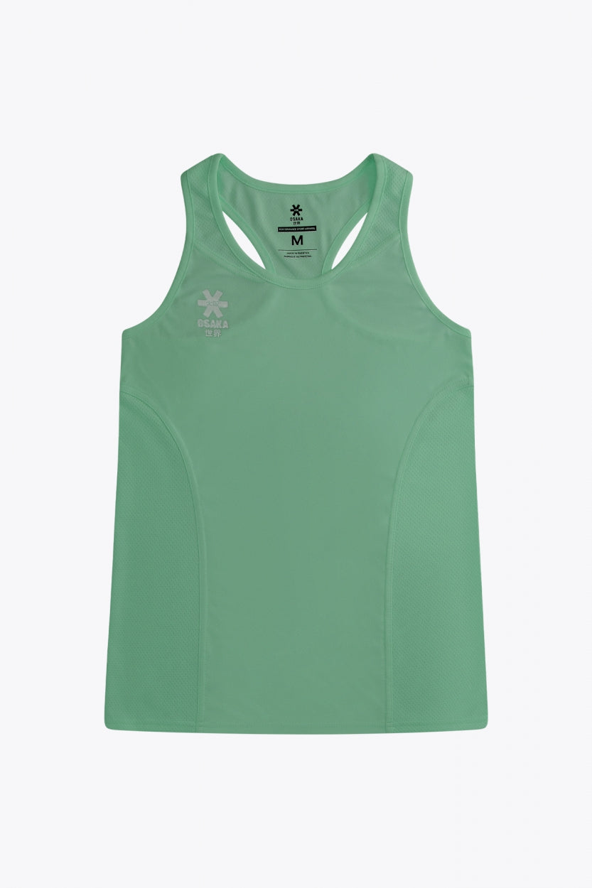 Osaka women singlet in green with logo in grey. Front flatlay view