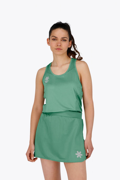 Woman wearing the Osaka women singlet in green with logo in grey. Front view