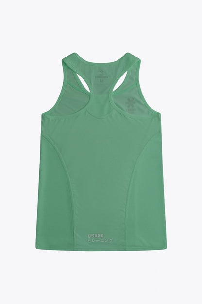 Osaka women singlet in green with logo in grey. Back flatlay view