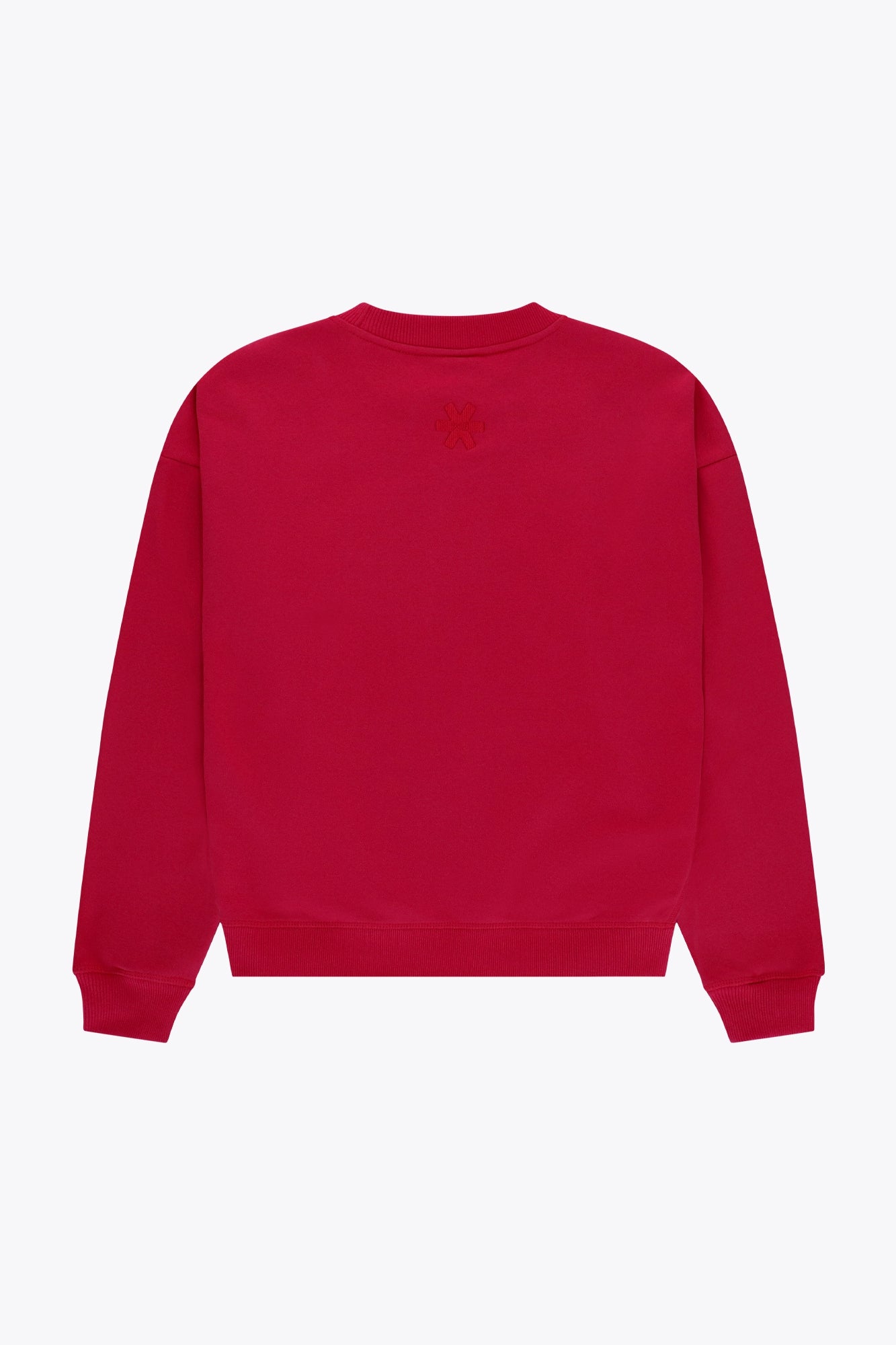 Osaka women sweater in red with logo in white. Back flatlay view
