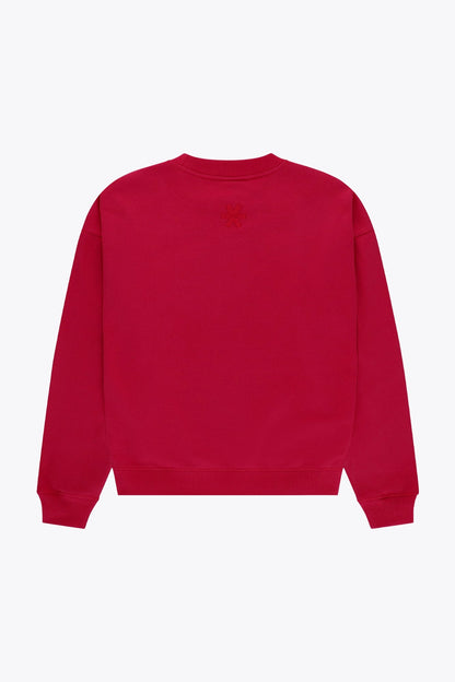 Osaka women sweater in red with logo in white. Back flatlay view