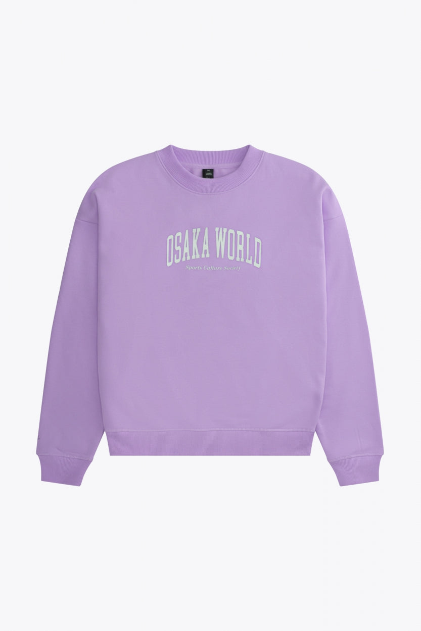Osaka women sweater in light purple with logo in white. Front flatlay view