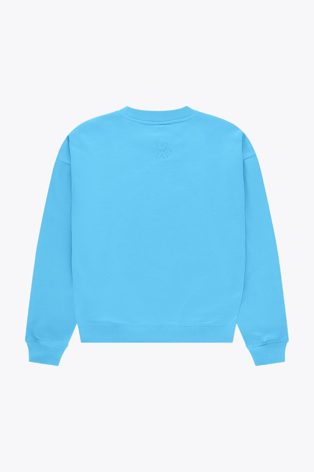 Osaka women sweater in light blue with logo in white. Back flatlay view