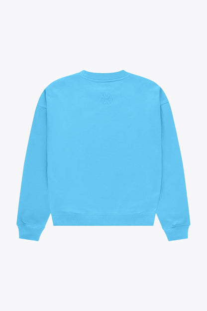 Osaka women sweater in light blue with logo in white. Back flatlay view