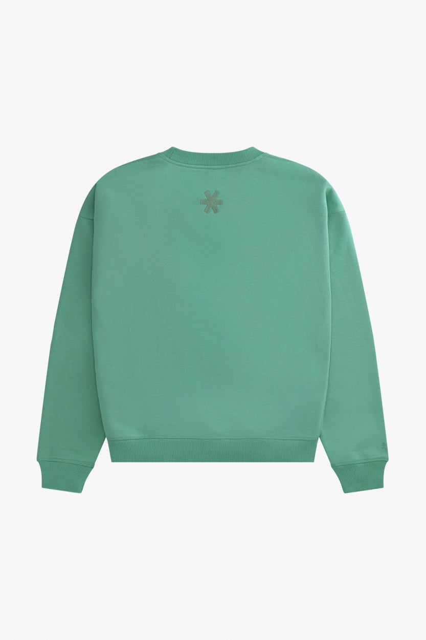 Osaka women sweater in green with logo in white. Back flatlay view