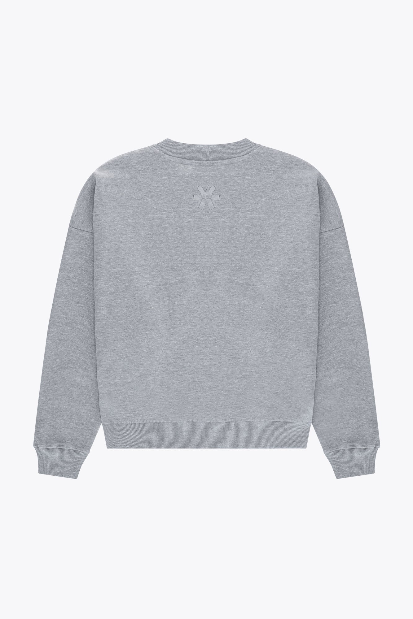 Osaka women sweater in heather grey with logo in white. Back flatlay view