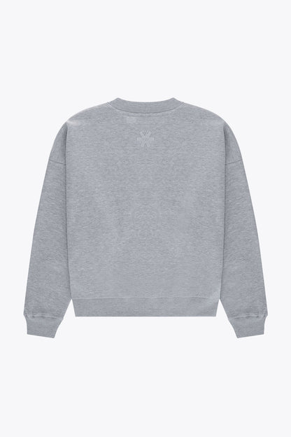 Osaka women sweater in heather grey with logo in white. Back flatlay view