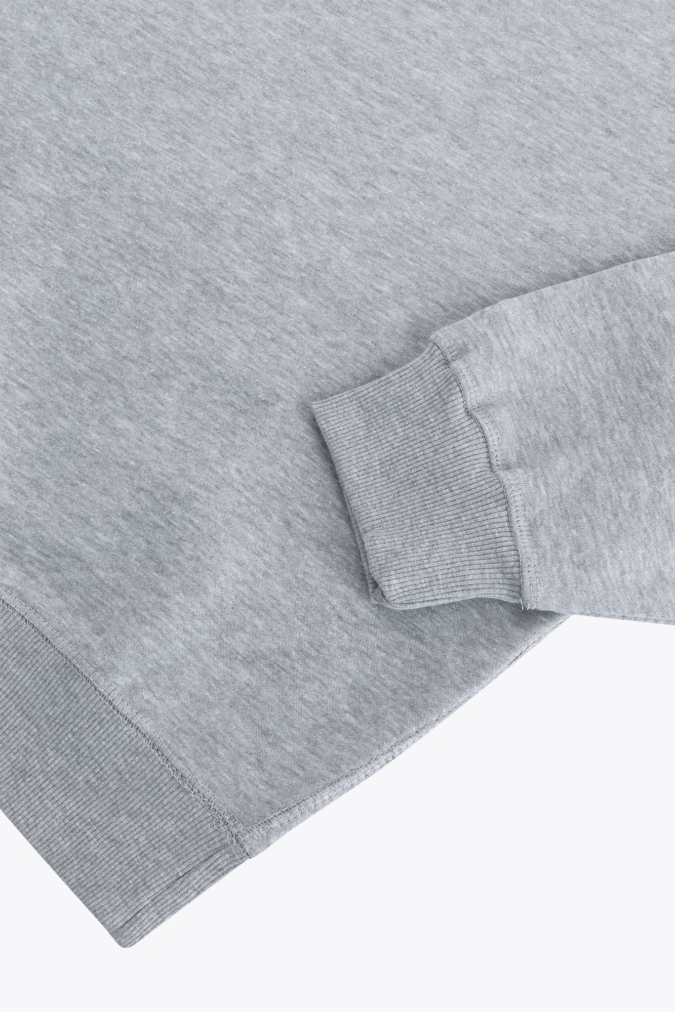 Osaka women sweater in heather grey with logo in white. Front flatlay detail sleeve view