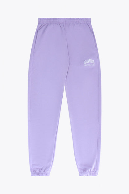 Osaka women sweatpants in light purple with logo in white. Front flatlay view