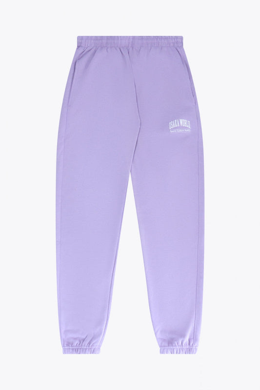 Osaka women sweatpants in light purple with logo in white. Front flatlay view
