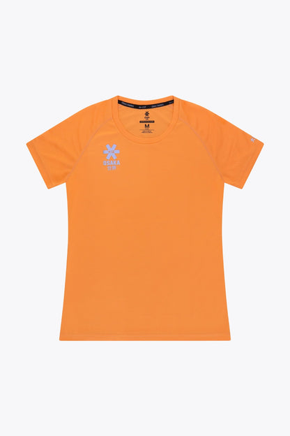 Osaka women tee short sleeve in orange with logo in grey. Front flatlay view
