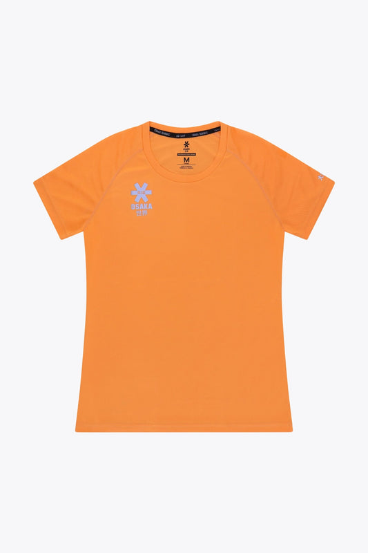 Osaka women tee short sleeve in orange with logo in grey. Front flatlay view