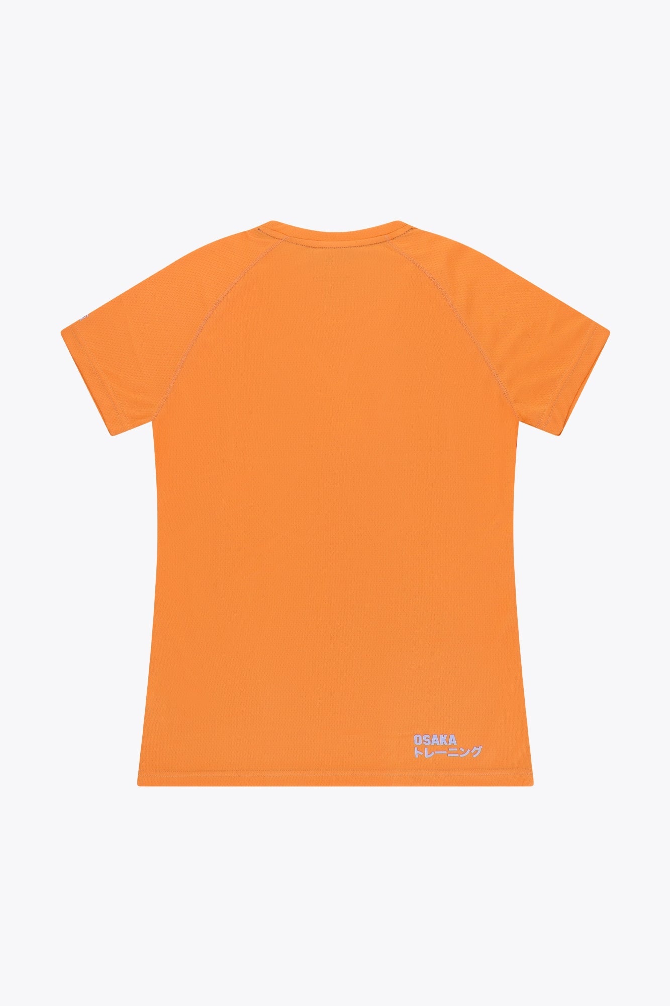 Osaka women tee short sleeve in orange with logo in grey. Back flatlay view