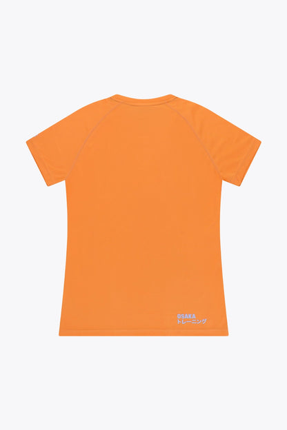 Osaka women tee short sleeve in orange with logo in grey. Back flatlay view