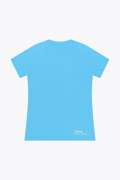 Osaka women tee short sleeve in light blue with logo in grey. Back flatlay view