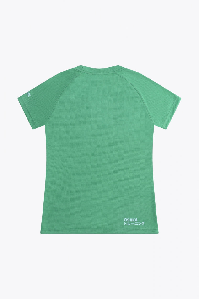 Osaka women tee short sleeve in green with logo in grey. Back flatlay view