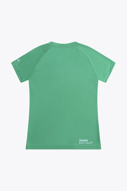 Osaka women tee short sleeve in green with logo in grey. Back flatlay view