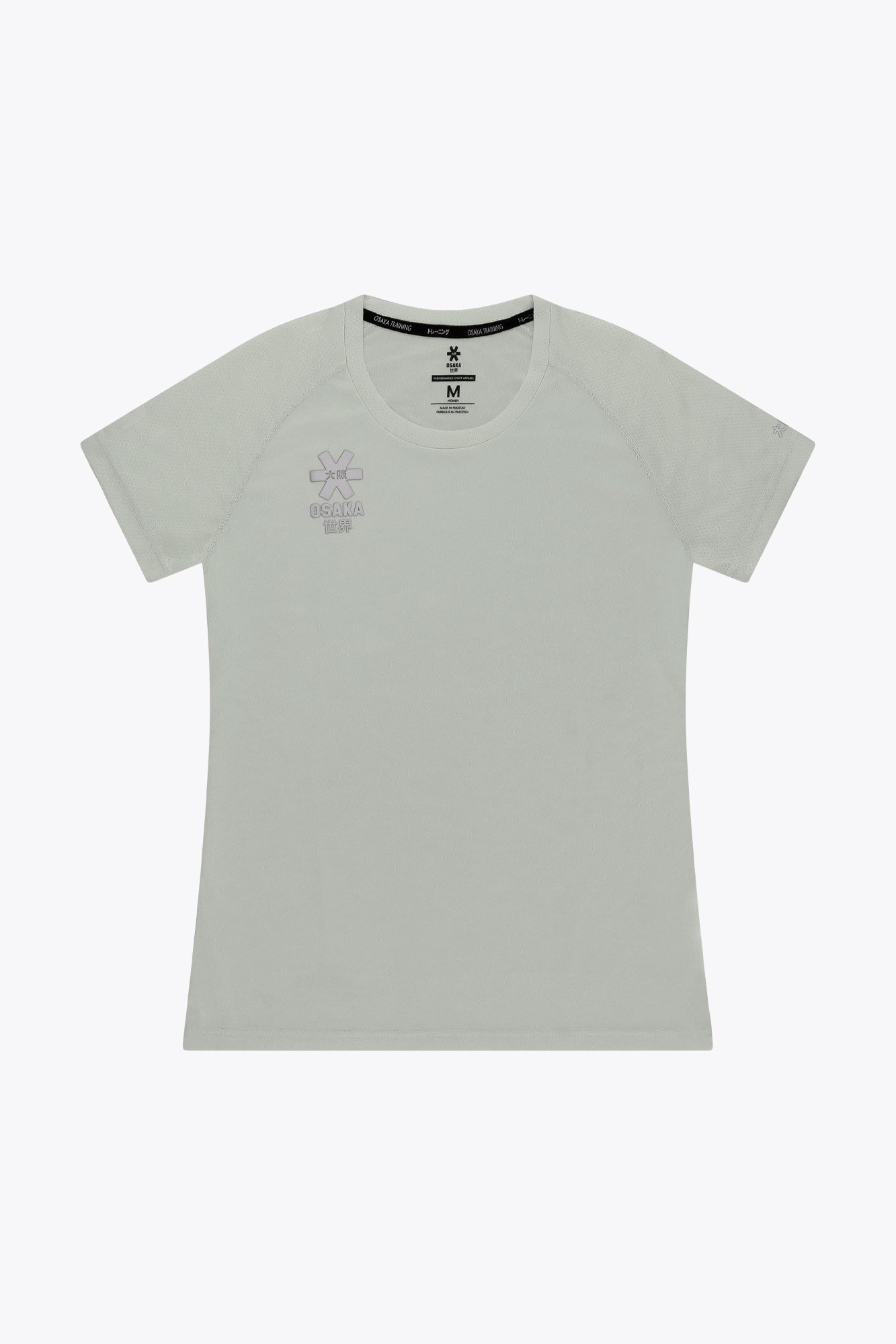 Osaka women tee short sleeve in light grey with logo in grey. Front flatlay view