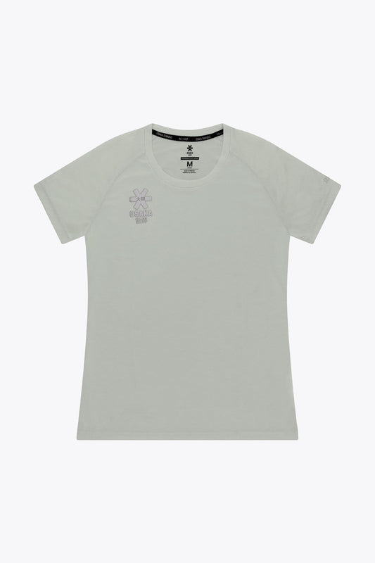 Osaka women tee short sleeve in light grey with logo in grey. Front flatlay view
