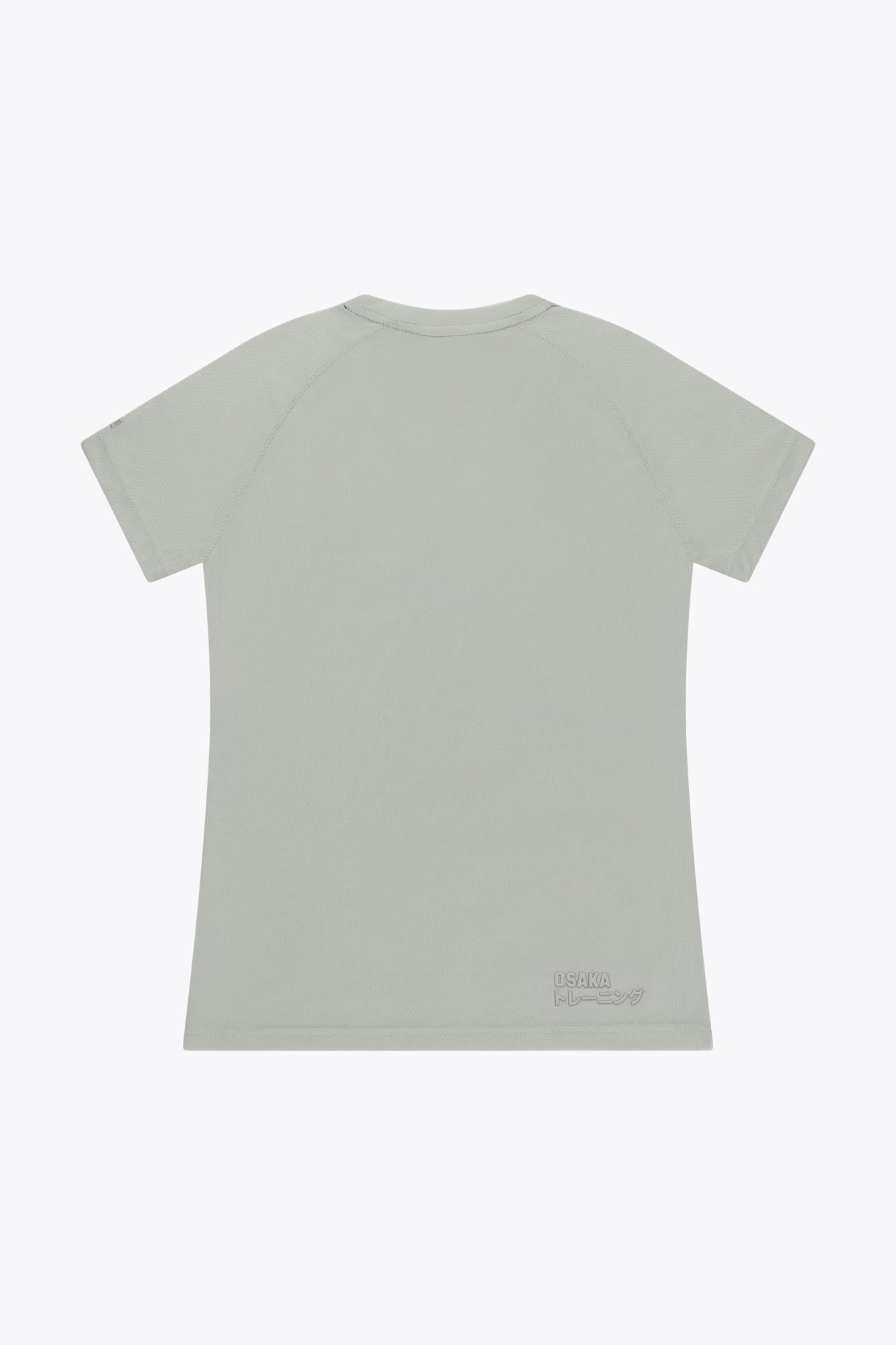 Osaka women tee short sleeve in light grey with logo in grey. Back flatlay view
