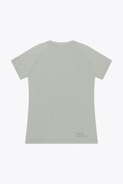 Osaka women tee short sleeve in light grey with logo in grey. Back flatlay view